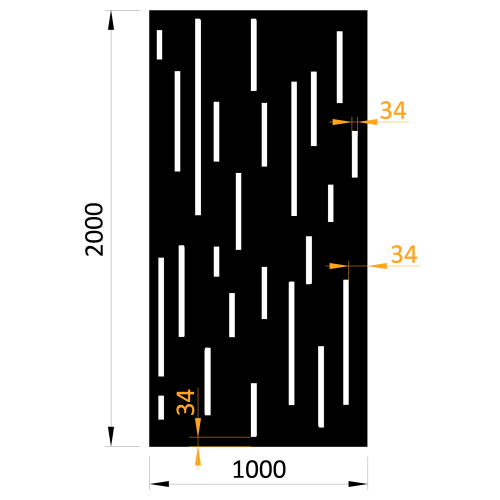 Designová kovová výplň, laserem vypálený vzor 8212, rozměr 1000x2000x2,0 mm, výška výpalku 34 mm, bez povrchové úpravy